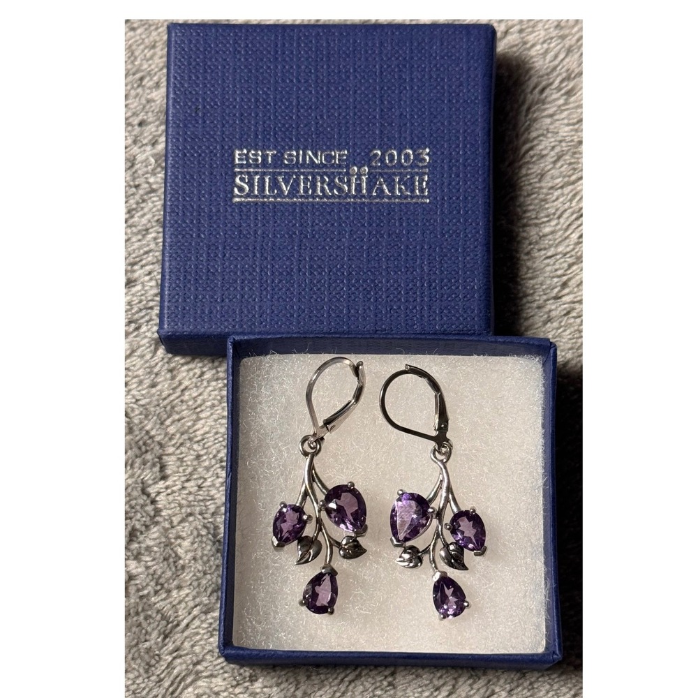 Silvershake Amethyst 925 Sterling Silver Leaf Branch Dangle Leverback Earrings